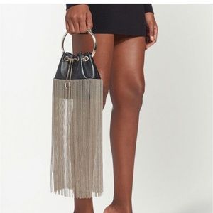 Brand New Jimmy Choo Black Leather Bucket Bag with Metal Fringe